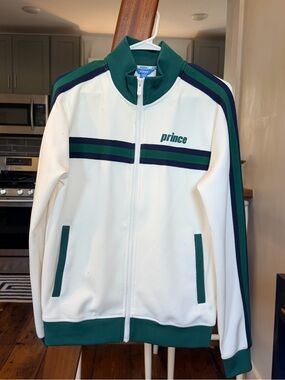 Prince White Track Jacket with Green & Navy Stripes